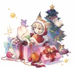  1girl :d animal_ears bangs bauble boots box capelet christmas christmas_ornaments christmas_tree claw_(weapon) detached_sleeves ears_through_headwear entangled erune fur-trimmed_boots fur-trimmed_capelet fur-trimmed_hood fur-trimmed_sleeves fur_trim gift gift_box granblue_fantasy grey_hair hair_between_eyes hood hood_up hooded_capelet in_box in_container knees_up looking_at_viewer looking_to_the_side miniskirt open_mouth plant potted_plant red_capelet red_eyes red_footwear red_hood rug sen_(granblue_fantasy) silver_hair skirt smile soriya sparkle star striped tassel tinsel weapon white_background yarn yarn_ball 