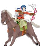  1girl arrow belt blue_eyes blue_hair boots bow bow_(weapon) cape feathers gloves horse horseback_riding long_hair low_ponytail nera_(vestaria_saga) quiver r_n riding solo vestaria_saga weapon white_background 