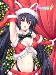  1girl black_hair blue_eyes breasts christmas detached_sleeves eyebrows_visible_through_hair hair_between_eyes happy joney leotard long_hair looking_at_another looking_at_viewer medium_breasts navel neptune_(series) noire open_mouth red_leotard smile twintails 
