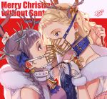  2girls absurdres antlers bangs bare_shoulders bdsm beads blonde_hair blue_eyes blue_ribbon bow braid breasts cherico christmas clenched_hand collar colored_eyelashes ear_clip earrings eye_contact eyelashes fingerless_gloves french_braid fur_trim gloves hair_beads hair_behind_ear hair_ornament hair_over_shoulder heart heart_earrings highres horn_bow horn_grab horn_ribbon jewelry leaf_earrings leash leash_pull long_hair looking_at_another mask merry_christmas mole mole_under_eye multiple_girls nail_polish off_shoulder open_mouth original portrait profile red_background reindeer_girl ribbon ring sleeveless small_breasts sphere sphere_earrings star star_hair_ornament tinsel twin_braids twintails white_gloves yellow_ribbon yuri 