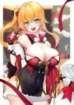 1girl :d bare_shoulders blonde_hair breasts cleavage covered_navel dress fingerless_gloves fur_trim gloves hair_between_eyes highres large_breasts long_hair looking_at_viewer mistletoe open_mouth original red_gloves sack side_ponytail smile solo teeth xiujia_yihuizi yellow_eyes 
