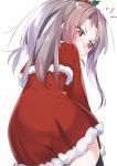  1girl angry black_legwear brown_eyes christmas commentary_request dress from_behind fur-trimmed_dress fur_trim gedoo_(gedo) hair_ornament kantai_collection light_brown_hair long_hair looking_at_viewer looking_back mistletoe ponytail red_dress santa_costume santa_dress simple_background solo thighhighs white_background zettai_ryouiki zuihou_(kantai_collection) 