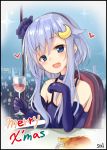  1girl :d alcohol artist_name blue_eyes blue_gloves blush christmas commentary_request crescent crescent_hair_ornament cup drinking_glass elbow_gloves english_text eyebrows_visible_through_hair food gloves hair_between_eyes hair_ornament heart holding holding_cup kantai_collection long_hair merry_christmas open_mouth purple_hair short_hair_with_long_locks sidelocks sitting smile solo sou_(soutennkouchi) turkey_(food) wine wine_glass yayoi_(kantai_collection) 