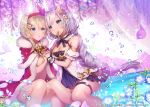  2girls applecaramel_(acaramel) blonde_hair braids breasts bubbles cape cherry dress flowers food fruit green_eyes headband long_hair nude ponytail shoujo_ai water 