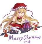  1girl 2019 alternate_costume alternate_headwear bare_shoulders bell blonde_hair bow breasts christmas cleavage commentary_request dress elbow_gloves eyebrows_visible_through_hair eyes floating_hair gap gift gloves hair_bow hat highres jingle_bell large_breasts merry_christmas namiki_(remiter00) off-shoulder_dress off_shoulder purple_eyes red_dress red_eyes red_headwear red_neckwear red_ribbon reflective_eyes ribbon santa_hat sidelighting simple_background smile strapless strapless_dress touhou white_background white_gloves yakumo_yukari 