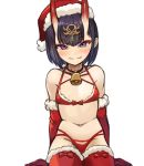  1girl absurdres bangs bell bell_choker bikini blush bob_cut breasts choker closed_mouth collarbone elbow_gloves eyeliner fangs fate/grand_order fate_(series) fur-trimmed_bikini fur-trimmed_gloves fur-trimmed_legwear fur_trim gloves hat headpiece highres horns looking_at_viewer makeup multi-strapped_bikini navel oni oni_horns purple_eyes purple_hair red_bikini red_gloves red_headwear red_legwear santa_bikini santa_hat short_eyebrows short_hair shuten_douji_(fate/grand_order) simple_background sitting skin-covered_horns small_breasts smile solo sookmo swimsuit wariza 