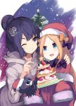  2girls :d abigail_williams_(fate/grand_order) animal bangs black_bow black_hair blue_eyes bow commentary_request dress fate/grand_order fate_(series) food fur-trimmed_hat fur-trimmed_sleeves fur_trim grey_jacket grin hair_bow hair_bun hair_ornament hand_on_another&#039;s_shoulder hat highres hood hood_down hooded_jacket jacket katsushika_hokusai_(fate/grand_order) long_sleeves multiple_girls nanateru octopus one_eye_closed open_mouth orange_bow parted_bangs polka_dot polka_dot_bow red_dress red_headwear santa_costume santa_hat sleeves_past_fingers sleeves_past_wrists smile tokitarou_(fate/grand_order) upper_teeth 