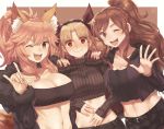  3girls ;d alternate_costume animal_ear_fluff animal_ears bang_dream! bangs bare_shoulders belt belt_buckle black_hairband black_jacket blonde_hair blush breasts brown_background brown_eyes brown_hair buckle cleavage closed_mouth collarbone crop_top crossover earrings ereshkigal_(fate/grand_order) fate/extra fate/grand_order fate_(series) fox_ears fox_shadow_puppet fumafu fur-trimmed_sleeves fur_trim hairband highres hood hood_down hooded_jacket imai_lisa jacket jewelry large_breasts long_sleeves looking_at_viewer medium_breasts multiple_girls off_shoulder one_eye_closed open_clothes open_jacket open_mouth parted_bangs pink_hair ponytail purple_jacket red_eyes sidelocks sleeves_past_wrists smile strapless stud_earrings sweat tamamo_(fate)_(all) tamamo_no_mae_(fate) tubetop two_side_up upper_body upper_teeth v-shaped_eyebrows waving wavy_mouth 