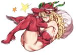  1girl ass blonde_hair blue_eyes boots breasts christmas cleavage elbow_gloves english_commentary gloves hat highres korean_commentary large_breasts long_hair original partly_fingerless_gloves sack santa_costume santa_hat star star_print thigh_boots thighhighs tongue tongue_out urec white_background 