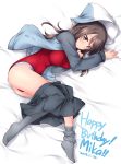  1girl ass bed birthday blush breasts brown_eyes brown_hair closed_mouth dated girls_und_panzer grey_skirt happy_birthday hat highres jacket keizoku_military_uniform kuzuryuu_kennosuke large_breasts leotard long_hair looking_at_viewer lying mika_(girls_und_panzer) on_bed on_side open_clothes open_jacket red_leotard shiny shiny_hair shiny_skin skirt skirt_pull smile solo striped_hat turtleneck_leotard 