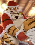  2019 anthro balls barely_visible_balls barely_visible_genitalia belly blue_eyes blush bodily_fluids christmas clothing cum cum_on_stomach eyewear felid genital_fluids glasses hat headgear headwear hi_res holidays humanoid_hands male mammal moobs nikiciy nipples overweight overweight_male pantherine pubes santa_claus santa_hat solo tiger underwear 