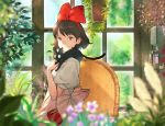  1girl animal animal_on_shoulder apron bangs black_cat blurry bob_cut bow brown_eyes brown_hair cat cat_on_shoulder cat_teaser chair closed_mouth commentary_request depth_of_field dress flower from_side hair_bow hairband hanging_plant herb_bundle highres indoors jiji_(majo_no_takkyuubin) kiki kuroimori looking_at_viewer looking_to_the_side machinery majo_no_takkyuubin pink_apron plant potted_plant puffy_short_sleeves puffy_sleeves red_bow short_hair short_sleeves smile swept_bangs table tablecloth white_dress window 