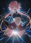 1boy :d astolfo_(saber)_(fate) bare_shoulders blush bow elbow_gloves fate/grand_order fate_(series) gloves glowing hair_bow highres imizu_(nitro_unknown) long_hair midriff navel necktie open_mouth otoko_no_ko pink_hair purple_eyes skindentation skirt skirt_lift smile solo strapless thighhighs thighs tubetop twintails zettai_ryouiki 