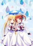  ameiro black_ribbon blonde_hair brown_hair dress fate_testarossa hair_ornament hair_ribbon happy holding_hands lyrical_nanoha mahou_shoujo_lyrical_nanoha mahou_shoujo_lyrical_nanoha_a&#039;s nanashiki neck_ribbon purple_eyes rain red_eyes red_ribbon ribbon school_uniform shared_umbrella smile takamachi_nanoha twintails umbrella uniform water_drop white_ribbon yuri 