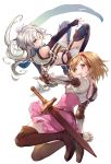  2girls achan_(blue_semi) back belt black_gloves black_legwear blonde_hair blue_scarf boots breasts bridal_gauntlets brown_eyes brown_footwear cropped_jacket crossover djeeta_(granblue_fantasy) dress eiyuu_densetsu fie_claussell floating full_body gauntlets gloves granblue_fantasy green_eyes hairband high-waist_skirt highres long_hair looking_at_viewer midriff miniskirt multiple_girls navel open_mouth outstretched_arm pink_skirt scabbard scarf sen_no_kiseki sheath sheathed short_hair shoulder_armor silver_hair simple_background skirt skirt_set sleeveless small_breasts smile sword thigh_boots thighhighs weapon white_background zettai_ryouiki 