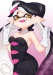  +_+ 1girl aori_(splatoon) black_hair black_jumpsuit breasts brown_eyes busujima_funya cleavage collar commentary detached_collar domino_mask earrings fangs food food_on_head gloves gradient gradient_background gradient_hair highres jewelry long_hair looking_at_viewer mask medium_breasts mole mole_under_eye multicolored_hair object_on_head open_mouth pantyhose pink_background pointing pointing_up pointy_ears purple_hair purple_tongue short_jumpsuit smile solo splatoon_(series) splatoon_1 standing strapless sushi tentacle_hair twitter_username very_long_hair white_collar white_gloves wing_collar 