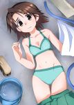  1girl bangs bikini blouse breasts brown_eyes brown_hair brush bucket cleavage closed_mouth commentary_request from_above girls_und_panzer green_bikini hose light_frown looking_at_viewer lying navel on_back on_ground open_clothes open_skirt osamada_meika parted_bangs sawa_azusa shirt_removed short_hair skirt skirt_pull small_breasts solo swimsuit thigh_gap white_blouse 
