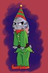  2019 anthro black_stripes clothed clothing costume disney ear_markings facial_markings fully_clothed fur grey_body grey_fur hat head_markings headgear headwear hi_res jack_savage juantriforce042 lagomorph leporid mammal markings party_hat pouting rabbit simple_background solo standing striped_body striped_fur stripes zootopia 