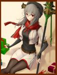  1girl absurdres azur_lane bangs breasts christmas closed_mouth commentary_request grey_hair hair_between_eyes hair_ornament highres holding long_hair looking_at_viewer mole mole_under_eye polearm red_eyes saint-louis_(azur_lane) skirt solo unique_(pixiv12704744) weapon 