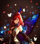  1girl alternate_hair_color bare_shoulders black_background blue_eyes breasts bridal_gauntlets bug butterfly butterfly_wings center_opening cleavage dress elbow_gloves facial_mark fairy_wings fire_emblem fire_emblem_heroes flower gloves gradient gradient_clothes hair_flower hair_ornament hair_vines insect light_particles medium_breasts red_hair sleeveless sleeveless_dress solo triandra_(fire_emblem) user_zjyt4387 wings 