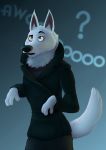  2016 ? anthro black_nose bottomwear brown_eyes canid canine canis clothed clothing coat disney english_text fully_clothed fur gary_(zootopia) hi_res inner_ear_fluff lievre mammal neck_tuft pants simple_background solo text topwear tuft whiskers white_body white_fur wolf zootopia 