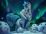  1girl alternate_costume arm_guards armor aurora blue_eyes blue_leotard braid breasts cleavage commentary english_commentary feather_boa forehead_jewel fur_trim gorget helmet league_of_legends leotard long_hair mermaid monster_girl nami_(league_of_legends) night ocean poro_(league_of_legends) purple_eyes scales silver_hair snowflake_print solo_focus tongue tongue_out twin_braids water watermark web_address wet winter_wonder_nami zarory 