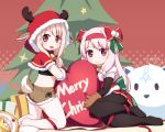  2girls :d animal animal_ears antlers barefoot bear bell bell_collar black_legwear black_sleeves blurry blurry_foreground blush bow box brown_collar brown_gloves brown_shorts capelet christmas christmas_ornaments christmas_tree closed_mouth collar commentary_request depth_of_field detached_sleeves elbow_gloves fate/grand_order fate/kaleid_liner_prisma_illya fate_(series) fur-trimmed_capelet fur-trimmed_gloves fur-trimmed_hood fur-trimmed_shorts fur_trim gift gift_box gloves green_bow hair_bow hair_ornament hairband heart highres hood hood_up hooded_capelet illyasviel_von_einzbern kaleidostick kneeling langbazi light_brown_hair long_hair looking_at_viewer looking_to_the_side merry_christmas midriff multiple_girls no_shoes open_mouth pantyhose pink_hair pleated_skirt red_bow red_capelet red_eyes red_gloves red_hairband red_skirt reindeer_antlers reindeer_ears reindeer_girl reindeer_tail shirou_(fate/grand_order) short_shorts shorts sitonai skirt smile star striped striped_bow tail very_long_hair 