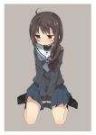  1girl absurdres ahoge black_legwear black_shirt black_sweater blue_skirt blush brown_eyes brown_hair cardigan closed_mouth commentary frown full_body grey_background grey_neckwear hair_over_one_eye highres long_hair miniskirt nakamura_rina neckerchief original pan_koujou pleated_skirt school_uniform serafuku shirt sitting skirt socks solo sweatdrop sweater v_arms wariza 