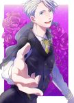  1boy absurdres blue_eyes chain collared_shirt flower foreshortening gold_chain highres male_focus necktie open_mouth outstretched_hand red_flower red_rose rose shirt silver_hair smile viktor_nikiforov waistcoat yanagi_tari yuri!!!_on_ice 