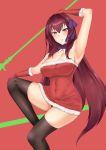  1girl alternate_costume blush breasts crimecrime fate/grand_order fate_(series) fur-trimmed_dress fur-trimmed_gloves fur_trim gloves hair_intakes hair_ribbon highres large_breasts long_hair neck_ribbon purple_hair red_background red_eyes red_gloves ribbon santa_costume santa_dress scathach_(fate)_(all) scathach_(fate/grand_order) smile solo thighhighs 
