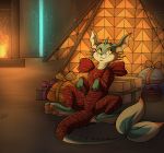  absurd_res anthro aukai canid canine christmas christmas_gifts digital_media_(artwork) ear_fins female feral fervent_entropy fin fireplace fox freckles gift_wrapped hi_res holidays howlart mammal marine naia sitting spread_legs spreading 
