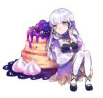  1girl closed_mouth dessert dress fire_emblem fire_emblem:_three_houses food hair_ornament highres knees_up long_hair long_sleeves lysithea_von_ordelia pink_eyes repu_(rep_sha) shoes simple_background sitting solo twitter_username white_background white_hair white_legwear 