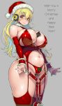  1girl belly blonde_hair bondage_outfit bound breasts corset fat hat headphones highres huge_breasts looking_at_viewer merry_christmas navel nitroplus o-ring orange_eyes plump santa_hat skindentation solo stomach super_pochaco thick_thighs thighs tsuji_santa twintails 