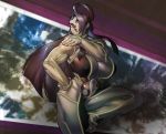  1girl absurdres black_hair breasts covered_nipples hair_over_one_eye halo hand_on_hip highres huge_breasts huge_filesize long_hair metal_skin muscle muscular_female neon_trim ph_draw seth_(street_fighter) solo standing standing_on_one_leg street_fighter street_fighter_v thick_thighs thighs toes yellow_eyes yin_yang_orb 