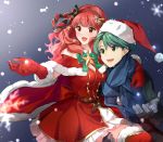  1boy 1girl alm_(fire_emblem) alternate_costume bell belt celica_(fire_emblem) dress fire_emblem fire_emblem_echoes:_shadows_of_valentia fur_trim gloves green_hair hat long_hair long_sleeves misu_kasumi open_mouth pom_pom_(clothes) red_eyes red_gloves red_hair red_headwear santa_hat scarf short_hair snowflakes snowing 