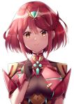  1girl armor breasts eol_9 gem hair_ornament headpiece highres homura_(xenoblade_2) jewelry large_breasts red_eyes red_hair short_hair shoulder_armor smile solo xenoblade_(series) xenoblade_2 