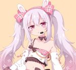  1girl animal_ears azur_lane bangs bare_shoulders black_bow black_choker bow brown_background bunny_ears choker collarbone commentary_request detached_sleeves eyebrows_visible_through_hair frills grey_hair hair_between_eyes hair_bow hairband headset laffey_(azur_lane) laffey_(halfhearted_bunny_idol)_(azur_lane) long_hair long_sleeves looking_at_viewer midriff navel parted_lips pink_bow pink_hairband plaid plaid_bow red_eyes riria_(happy_strawberry) sidelocks single_strap solo twintails very_long_hair white_sleeves 