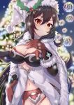  1girl :3 absurdres black_hair blurry bow bowtie breasts christmas christmas_lights christmas_tree cleavage cloak cowboy_shot depth_of_field fur_trim garter_belt gloves hair_between_eyes hand_up hat highres ilya_ornstein large_breasts long_hair looking_at_viewer navel ponta_(velmar) princess_connect! princess_connect!_re:dive red_eyes red_gloves revealing_clothes santa_hat smile solo stomach v-shaped_eyebrows very_long_hair white_headwear 