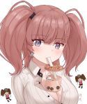  2girls atlanta_(kantai_collection) bendy_straw between_breasts breast_envy breasts brown_hair bubble_tea bubble_tea_challenge cup disposable_cup drinking drinking_straw drinking_straw_in_mouth earrings grey_eyes japanese_clothes jewelry kantai_collection large_breasts meme moon_ash multiple_girls object_on_breast ryuujou_(kantai_collection) star star_earrings twintails visor_cap 