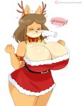 &lt;3 2019 5_fingers big_breasts blush boop breasts brown_hair canid canine canis christmas clothing dialogue disembodied_hand domestic_dog english_text eyes_closed female fingers hair hi_res holidays huge_breasts jinu june_(jinu) mammal patreon shiba_inu short_hair simple_background smile solo solo_focus speech_bubble spitz text url white_background 