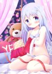  1girl bangs bare_legs bare_shoulders bed_sheet blue_bra blue_eyes blue_hair blue_panties blurry blurry_background blush bow bow_bra bow_panties bra christmas closed_mouth commentary curtains detached_sleeves english_commentary eyebrows_visible_through_hair feet_out_of_frame fur_trim gochuumon_wa_usagi_desu_ka? hair_between_eyes hair_ornament kafuu_chino kittipat_jituatakul long_hair looking_at_viewer navel panties pillow sitting solo stuffed_animal stuffed_toy teddy_bear underwear underwear_only very_long_hair window x_hair_ornament yes yes-no_pillow 