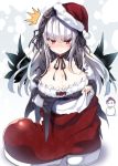  1girl bangs blush boots breasts cleavage feathered_wings gothic_lolita hairband hat lolita_fashion lolita_hairband long_hair looking_at_viewer purple_eyes rozen_maiden santa_hat silver_hair snowman solo suigintou sweatdrop tousen wings 