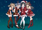  4girls absurdres alternate_costume arashio_(kantai_collection) asashio_(kantai_collection) bare_shoulders belt black_hair blue_eyes blue_hair blush boots brown_dress brown_eyes brown_hair christmas closed_mouth double_bun dress eyebrows_visible_through_hair full_body fur-trimmed_dress fur_boots fur_trim gloves hair_bun hair_ornament hat highres horns kantai_collection light_brown_hair long_hair looking_at_viewer makura_(user_jpmm5733) michishio_(kantai_collection) multiple_girls night night_sky off-shoulder_dress off_shoulder one_eye_closed ooshio_(kantai_collection) open_mouth pantyhose red_dress red_footwear red_gloves santa_boots santa_costume santa_dress santa_hat scarf shawl shoes short_hair short_twintails sky smile striped striped_legwear thighhighs twintails white_legwear white_scarf yellow_eyes 