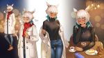  1girl absurdres animal_ears blush boots cake cat_ears cat_girl cat_tail coat coat_removed coffee collage dark_skin denim facial_mark final_fantasy final_fantasy_xiv food haimerejzero highres jeans looking_at_viewer miqo&#039;te pants scarf short_hair sweater tail white_eyes white_hair winter_clothes winter_coat y&#039;shtola_rhul 