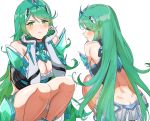  1girl absurdres anger_vein aqua_eyes aqua_hair ass bangs bare_shoulders blush breasts butt_crack chest_jewel chin_rest cleavage closed_mouth cosplay dimples_of_venus elbow_gloves frown gem gloves green_eyes green_hair headpiece highres hikari_(xenoblade_2) jewelry large_breasts long_hair looking_at_viewer multiple_views ormille pneuma_(xenoblade_2) pneuma_(xenoblade_2)_(cosplay) simple_background spoilers squatting swept_bangs thighs tiara white_background xenoblade_(series) xenoblade_2 
