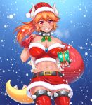  1girl abs ass_visible_through_thighs bare_shoulders bell bell_collar bell_earrings black_collar blush bowsette bracelet breasts breath brown_hair burbur christmas cleavage collar collarbone covered_nipples cowboy_shot crop_top dark_skin earrings eyebrows_visible_through_hair fingernails fur_trim gift grin hat high_ponytail holding holding_gift horns impossible_clothes jewelry large_breasts long_hair looking_at_viewer mario_(series) midriff miniskirt navel new_super_mario_bros._u_deluxe over_shoulder pointy_ears ponytail red_eyes red_nails sack santa_costume santa_hat sharp_fingernails sharp_teeth sidelocks skirt smile snowing solo spiked_bracelet spiked_collar spiked_shell spiked_tail spiked_thighlet spikes stomach strapless tail teeth thighhighs thighlet toned turtle_shell watermark 