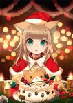  1girl 40hara :p animal_ear_fluff animal_ears aqua_eyes bangs blonde_hair blunt_bangs blurry blush bokeh cake candle capelet cat_ears christmas christmas_ornaments collar commentary_request cream depth_of_field eyebrows_visible_through_hair food food_on_face hat highres kinako long_hair looking_at_viewer original pet_collar red_capelet red_collar santa_costume santa_hat sitting solo tongue tongue_out 