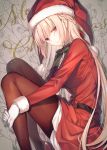  1girl belt blonde_hair breasts fate/grand_order fate_(series) fetal_position florence_nightingale_(fate/grand_order) florence_nightingale_santa_(fate/grand_order) fur-trimmed_sleeves fur_trim gloves hat high_heels highres knees_to_chest long_hair looking_at_viewer medium_breasts merry_christmas neck_ribbon pantyhose red_eyes ribbon santa_costume santa_hat solo toosaka_asagi white_gloves 