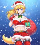  1girl abs ass_visible_through_thighs bare_shoulders bell bell_collar bell_earrings black_collar blonde_hair blue_eyes blush bowsette bracelet breasts breath burbur christmas cleavage collar collarbone covered_nipples cowboy_shot crop_top earrings eyebrows_visible_through_hair fingernails fur_trim gift grin hat high_ponytail holding holding_gift horns impossible_clothes jewelry large_breasts long_hair looking_at_viewer mario_(series) midriff miniskirt navel new_super_mario_bros._u_deluxe over_shoulder pointy_ears ponytail red_nails sack santa_costume santa_hat sharp_fingernails sharp_teeth sidelocks skirt smile snowing solo spiked_bracelet spiked_collar spiked_shell spiked_tail spiked_thighlet spikes stomach strapless tail teeth thighhighs thighlet toned turtle_shell watermark 