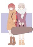  2girls alternate_costume ankle_boots blonde_hair blue_eyes blush boots brown_footwear coat eyebrows_visible_through_hair fringe_trim full_body grey_eyes grey_scarf hair_between_eyes hands_in_pockets highres holding kantai_collection knee_boots long_sleeves multiple_girls orange_coat purple_coat raguro red_hair scarf short_hair standing z1_leberecht_maass_(kantai_collection) z3_max_schultz_(kantai_collection) 